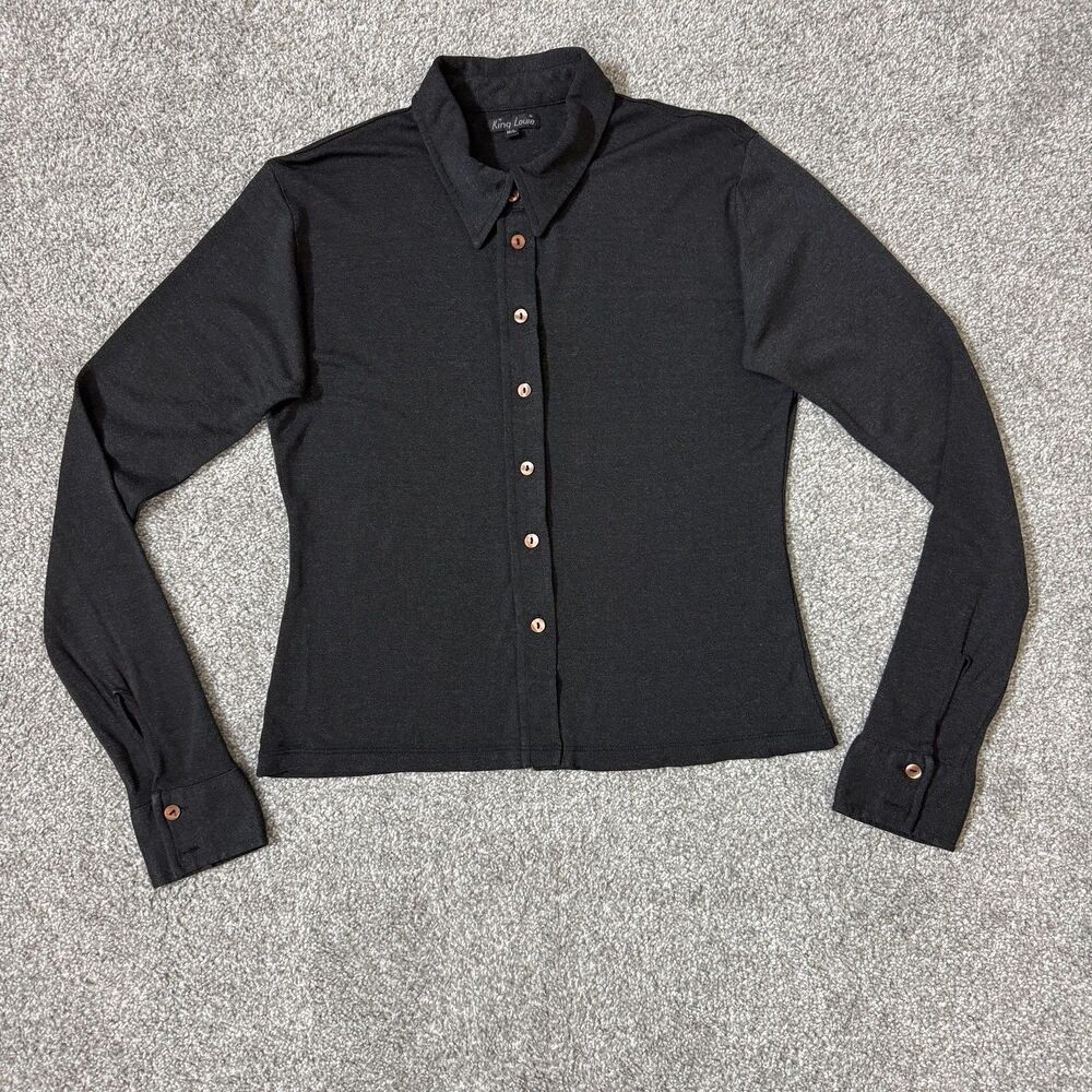 King Louie Shirt Womens M/L Gray Button Up Long Sleeve Collared Top Stretch Emo